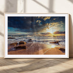 Golden Hour Beach Sunset Canvas Triptych, Ocean Waves and Rocks Wall Art