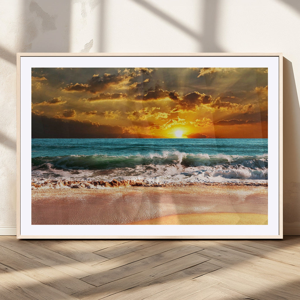 Golden Sunset Beach Canvas Wall Art | Triptych Seascape Print, Framed and Ready to Hang