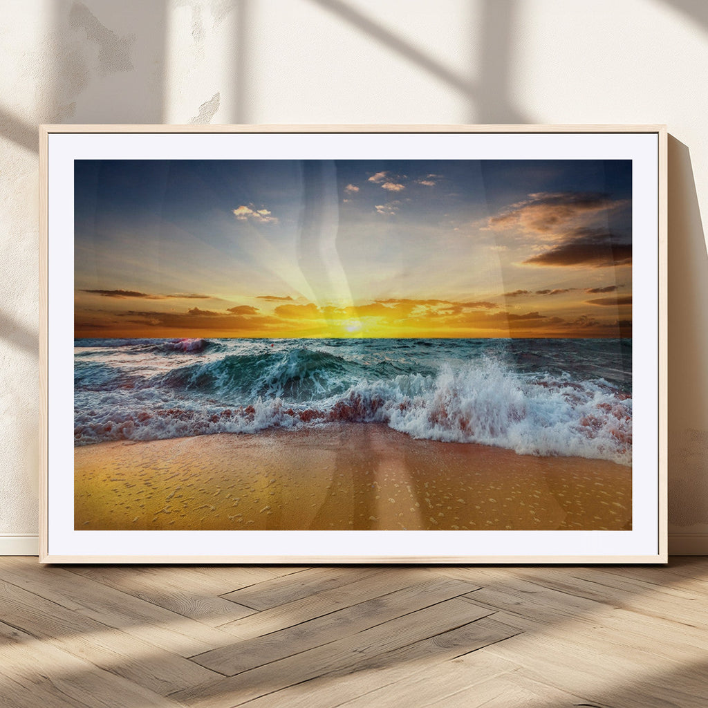 Golden Sunset Ocean Waves Wall Art Canvas Print | Multi Panel Beach Canvas Set, Coastal Triptych