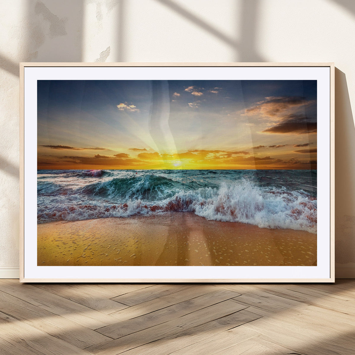 Golden Sunset Ocean Waves Wall Art Canvas Print | Multi Panel Beach Canvas Set, Coastal Triptych