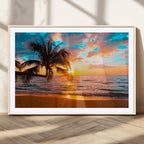 Palm Tree Sunset On The Beach Wall Art Canvas, Framed Palm Tree Sunset Canvas Print