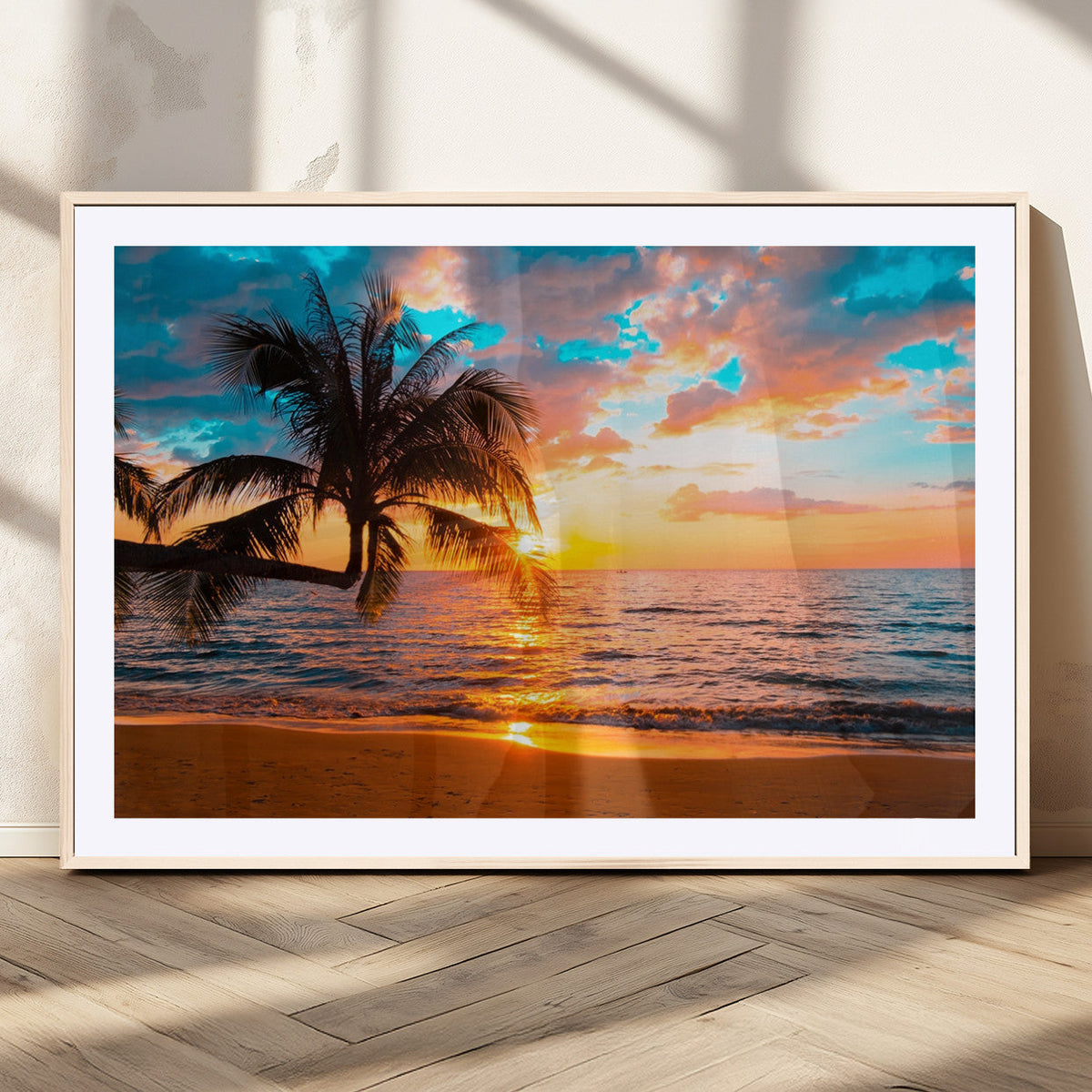 Palm Tree Sunset On The Beach Wall Art Canvas, Framed Palm Tree Sunset Canvas Print