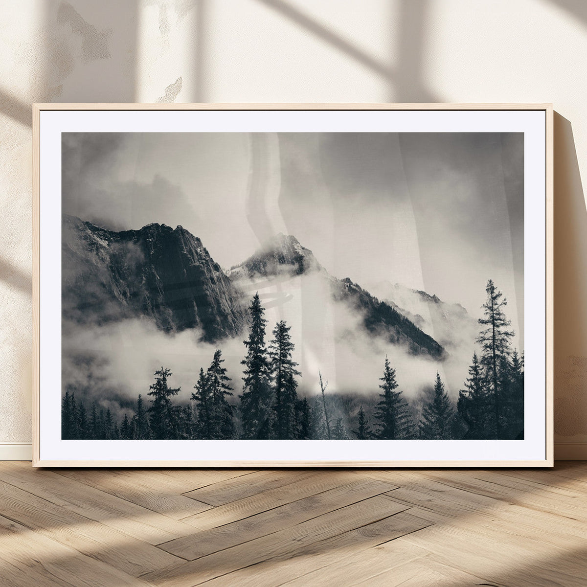 Forest Mountain Print | Black and White Canvas Wall Art with Misty Forest Design