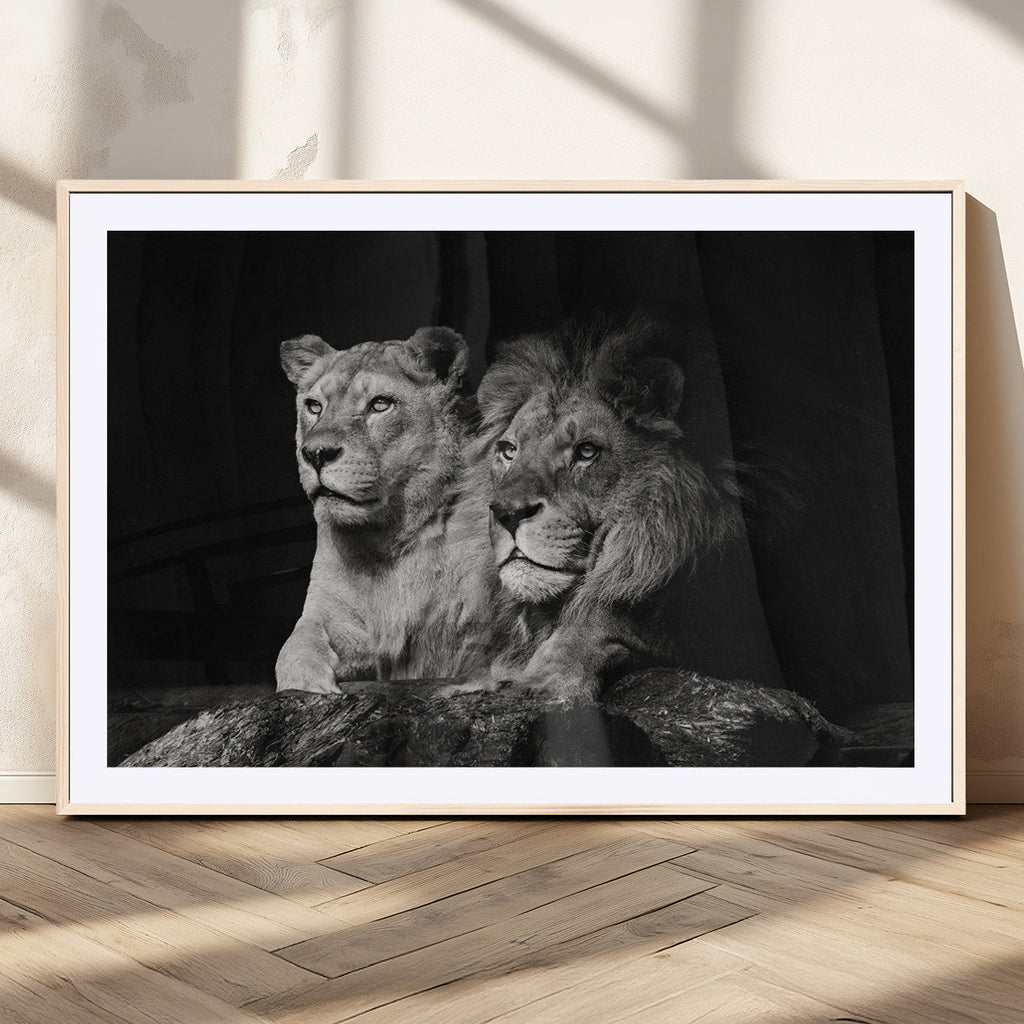 Lion Couple Wall Art Canvas Print, Elegant Black and White Wildlife Portrait