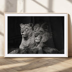 Lion Couple Wall Art Canvas Print, Elegant Black and White Wildlife Portrait