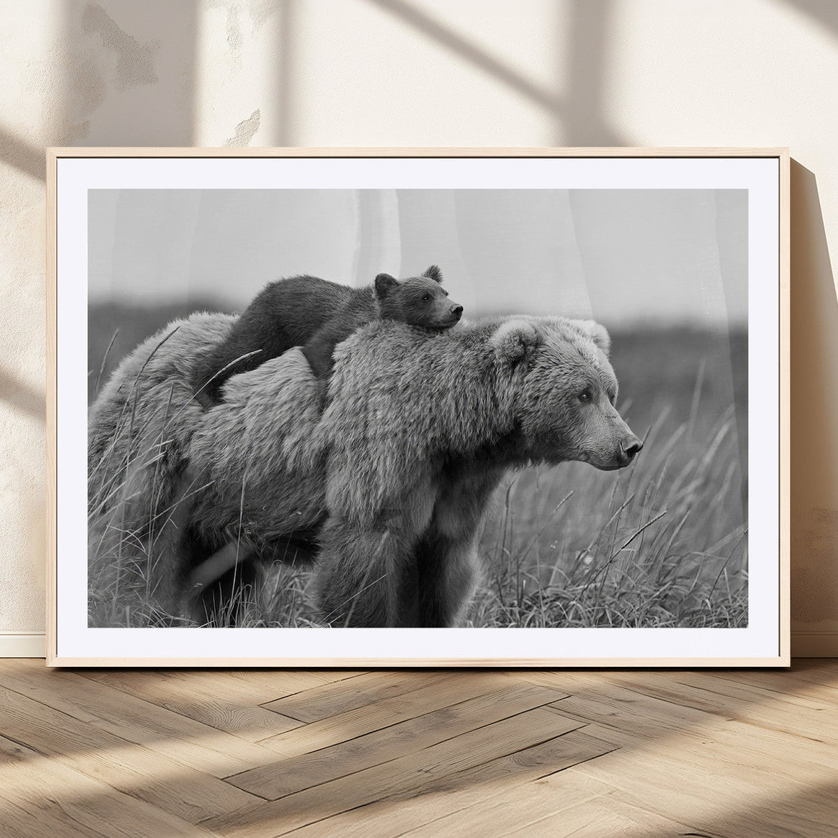 Bear and Cub Wall Art Canvas | Grizzly 399 Bear and Cub Black and White Wildlife Print