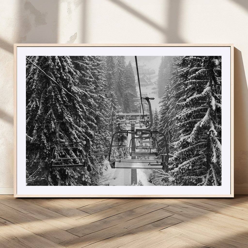 Winter Ski Lift Black and White Canvas Wall Art | Alpine Escape in Minimalist Style