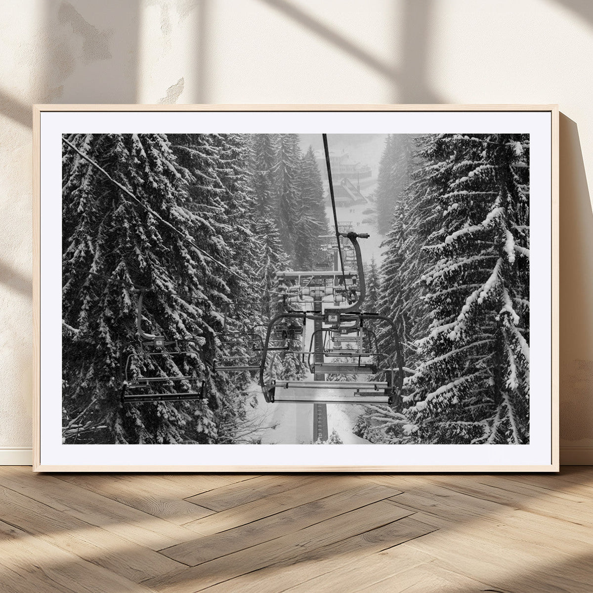 Winter Ski Lift Black and White Canvas Wall Art | Alpine Escape in Minimalist Style