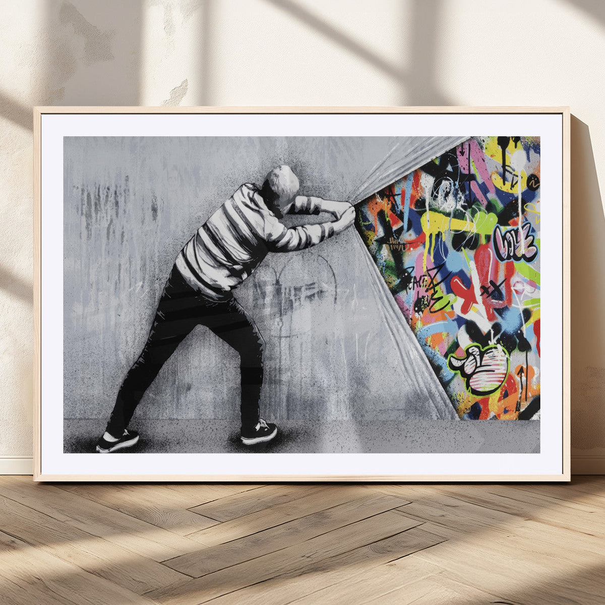 Banksy Art Behind the Curtain Street Wall Art Canvas Print | Urban Graffiti Style Wall Decor