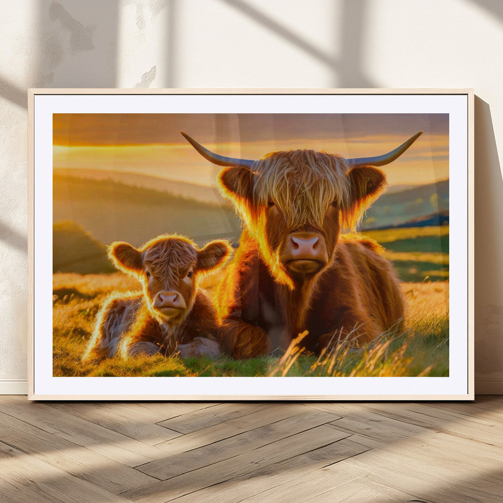 Scottish Cow and Baby Cow Canvas Wall Art Animal Print