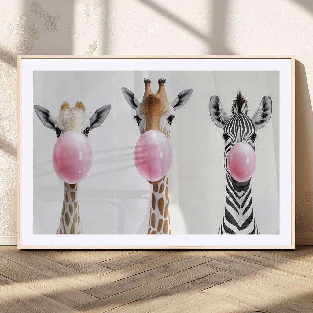 Bubblegum Animals Canvas Wall Art, Playful Giraffe and Zebra Trio, Whimsical Nursery and Kids Room Decor
