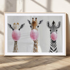 Bubblegum Animals Canvas Wall Art, Playful Giraffe and Zebra Trio, Whimsical Nursery and Kids Room Decor