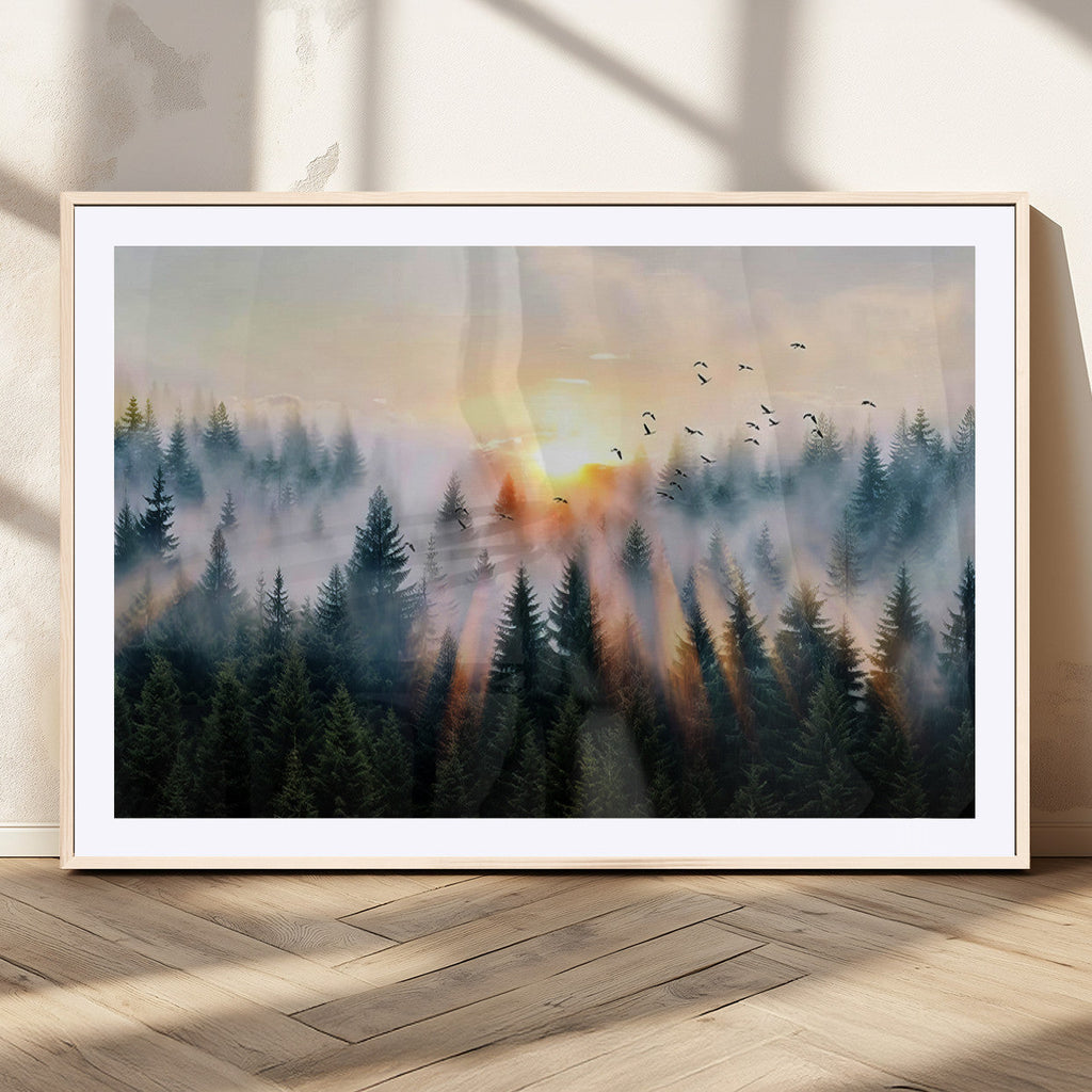 Abstract Forest Wall Art, Serene Nature Canvas Print with Misty Forest Design for Modern Home Decor