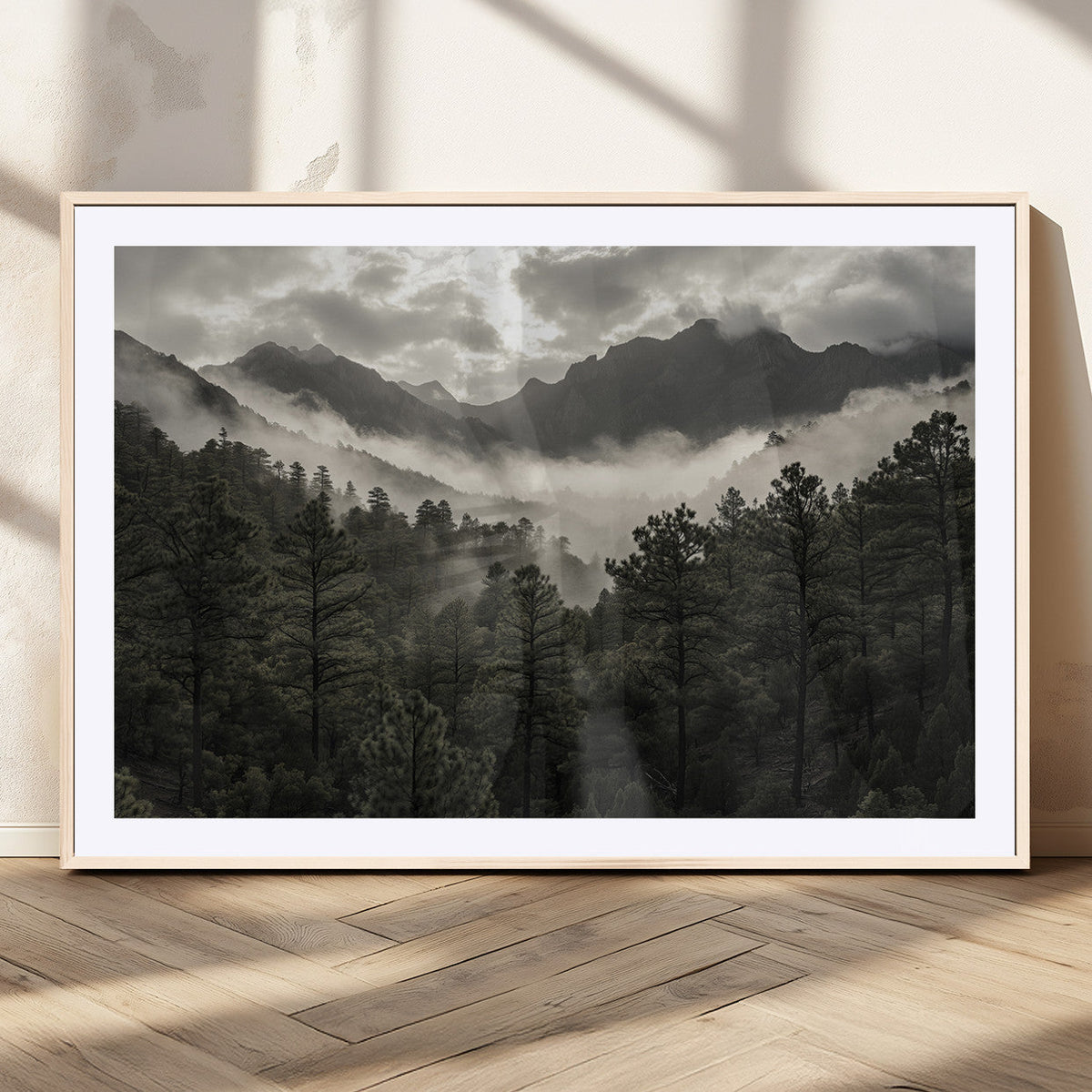 Moody Forest Wall Art | Framed Mountain Fog Canvas Artwork