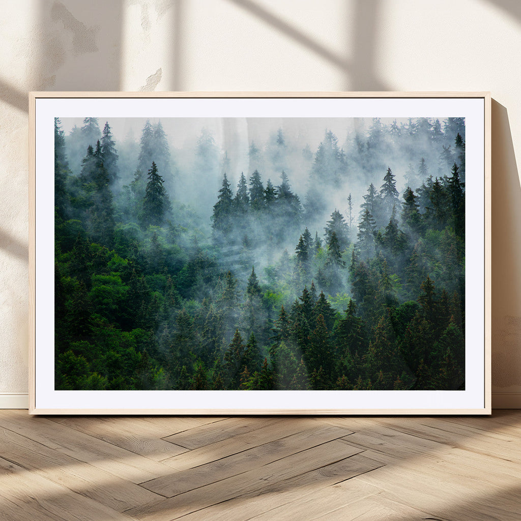 Misty Forest Wall Art Canvas Print, Framed Foggy Mountain Art, Large Scenic Woodland Canvas