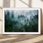 Misty Forest Wall Art Canvas Print, Framed Foggy Mountain Art, Large Scenic Woodland Canvas