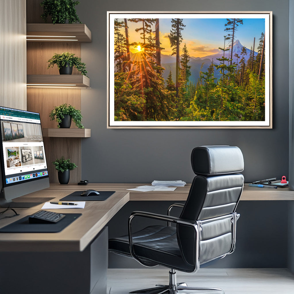 Forest Sunset Wall Art Canvas Print | Green Pines in Golden Light