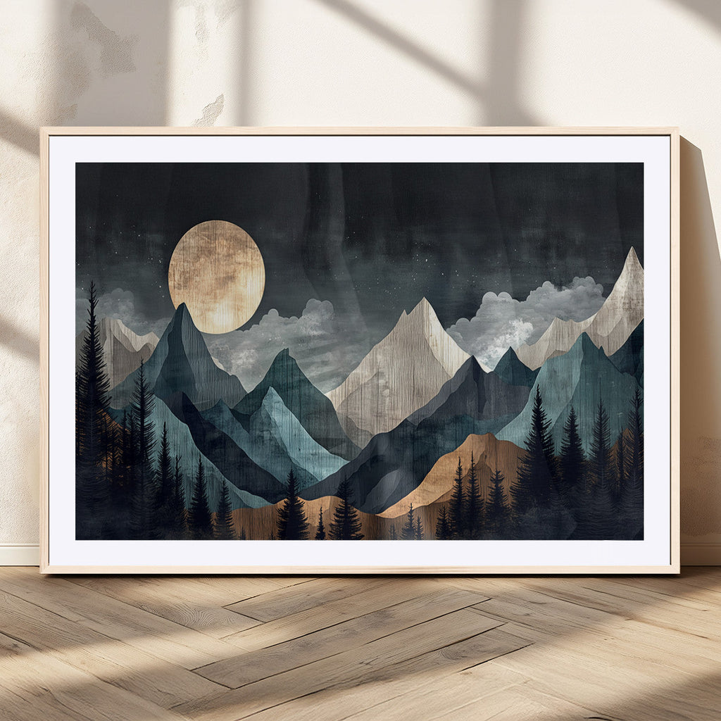 Moonlit Mountain Wall Art Canvas Print, Framed Silhouetted Pines Art, Layered Peaks Rustic Decor
