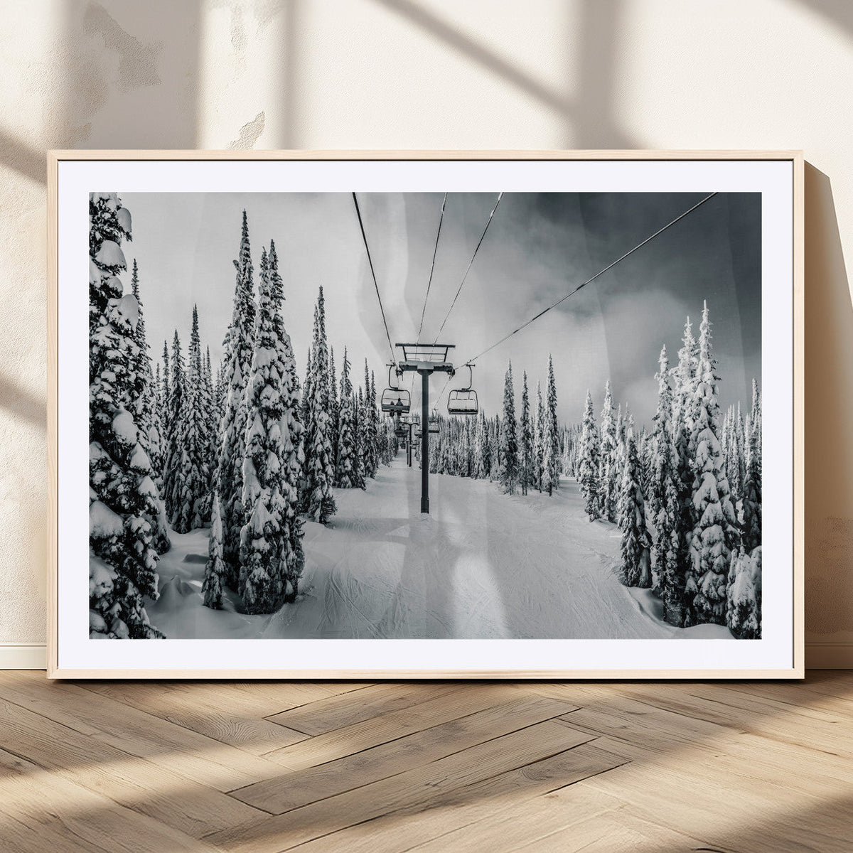 Snowy Pines Wall Art Canvas Print | Ski Lift in a Winter Forest