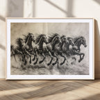 Running Horses Wall Art Canvas Print, Framed Monochrome Galloping Herd Sketch