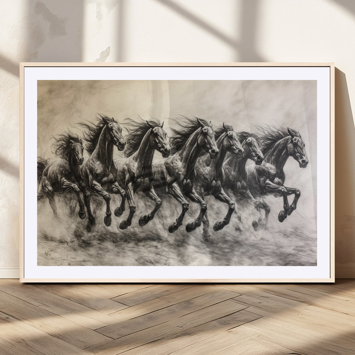 Running Horses Wall Art Canvas Print, Framed Monochrome Galloping Herd Sketch