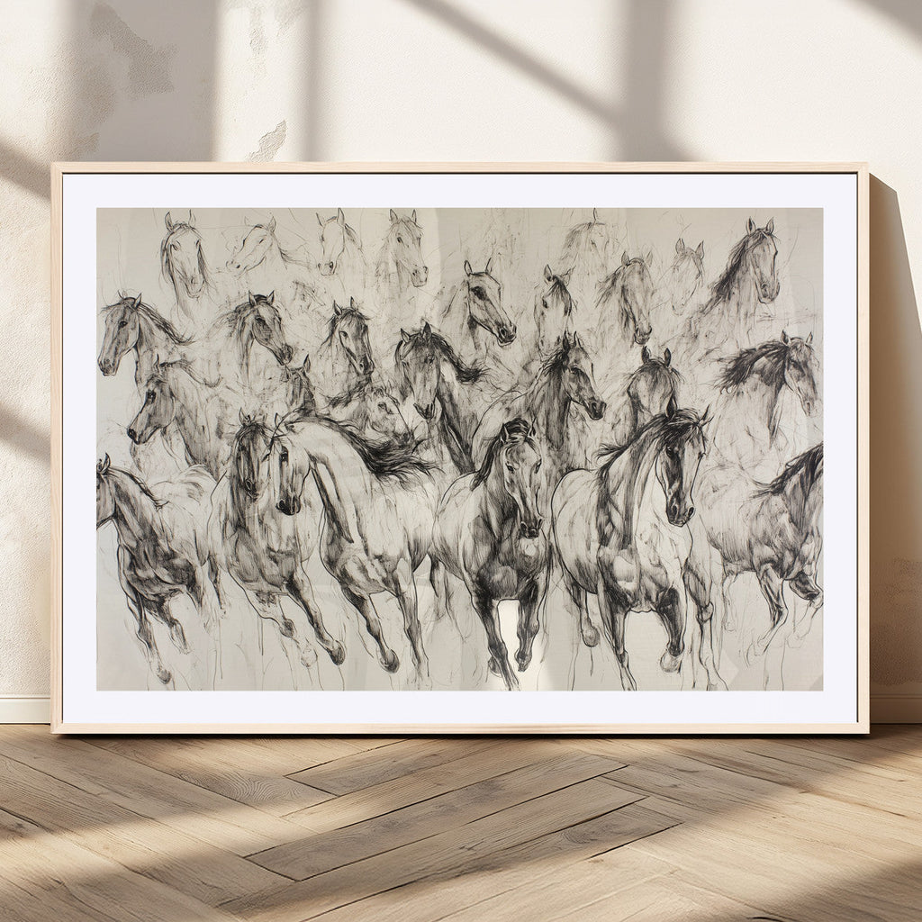 Abstract Horse Wall Art Canvas Print, Framed Horse Sketch with Galloping Herd