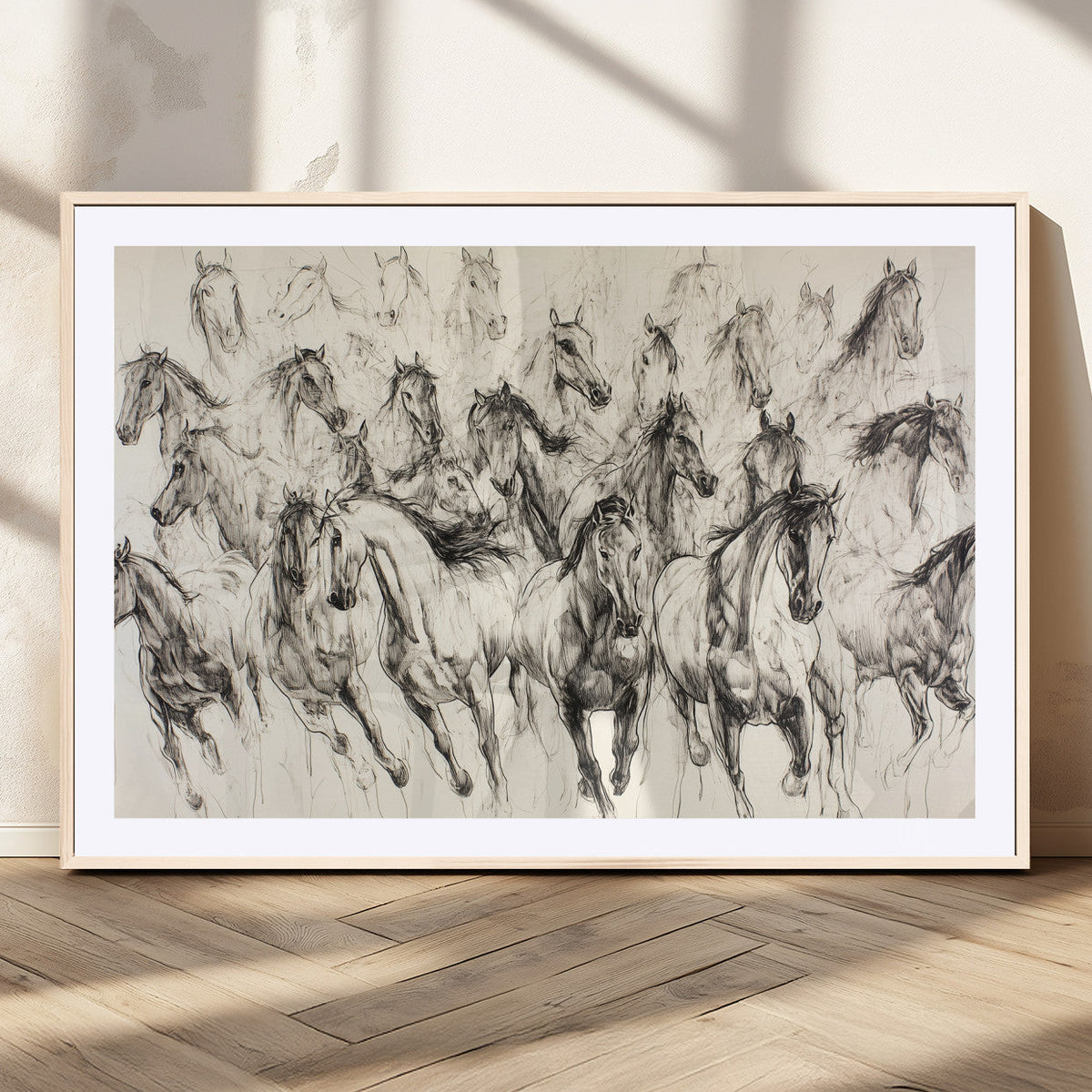 Abstract Horse Wall Art Canvas Print, Framed Horse Sketch with Galloping Herd