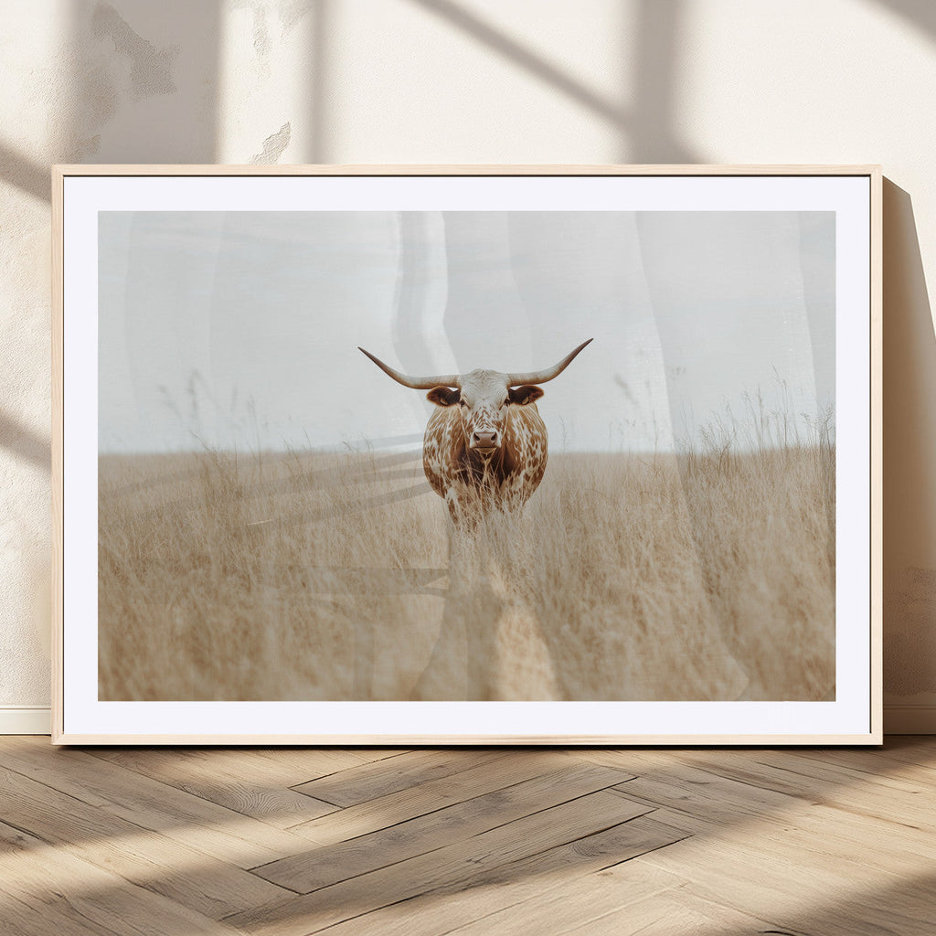 Texas Longhorn Wall Art Canvas Print, Framed Lone Cattle and Longhorn Bull Scene
