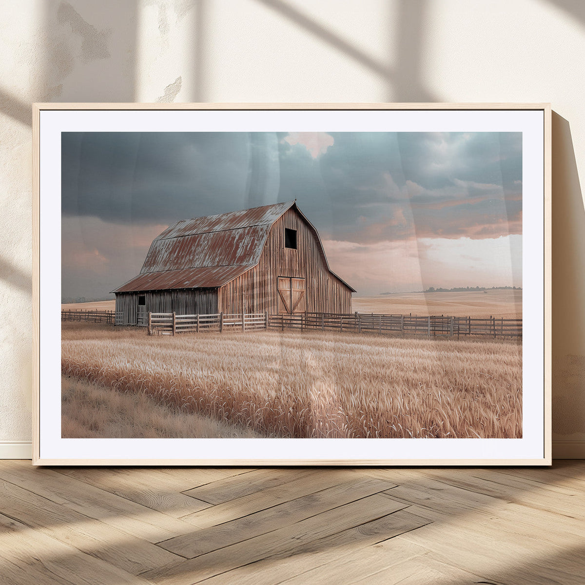 Rustic Barn Wall Art Canvas Print, Framed Wheat Field Scene