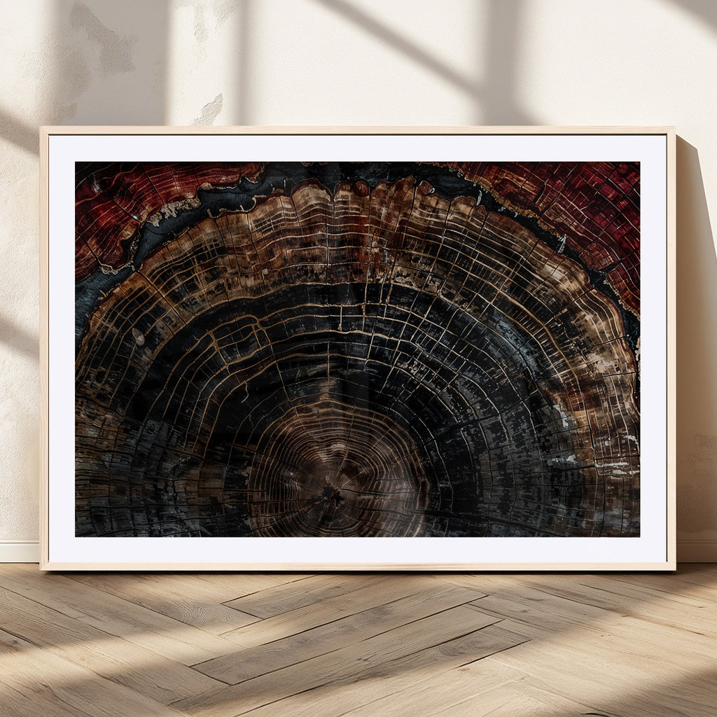 Dark Wood Ring Wall Art Canvas Print, Framed Abstract Tree Slice Print, Rustic Wood Grain Decor