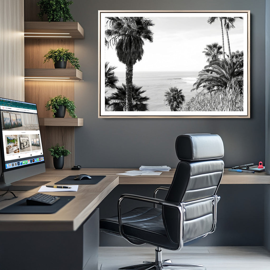 Palm Trees Wall Art Canvas Print, Framed Coastal Ocean Horizon Monochrome Art