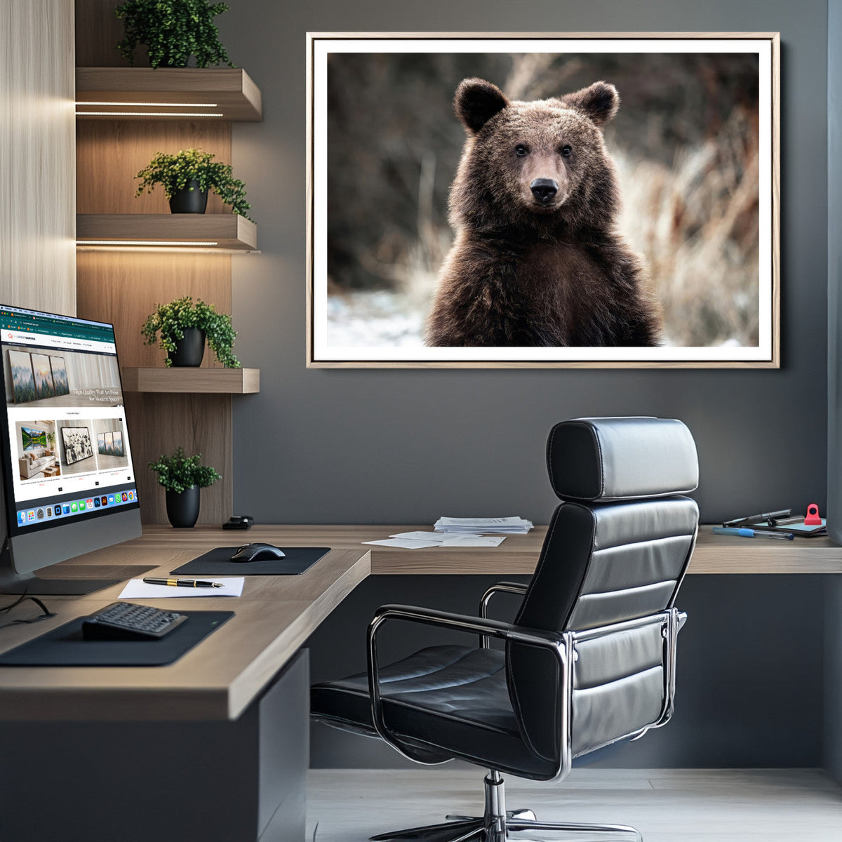 Brown Bear Wall Art Canvas Print, Framed Majestic Woodland Wildlife Cabin Art