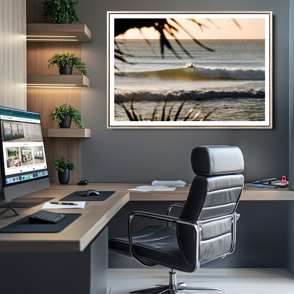 Sunset Surf Wall Art Canvas Print, Framed Golden Hour Waves Boho Beach Art