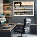 Sunset Surf Wall Art Canvas Print, Framed Golden Hour Waves Boho Beach Art