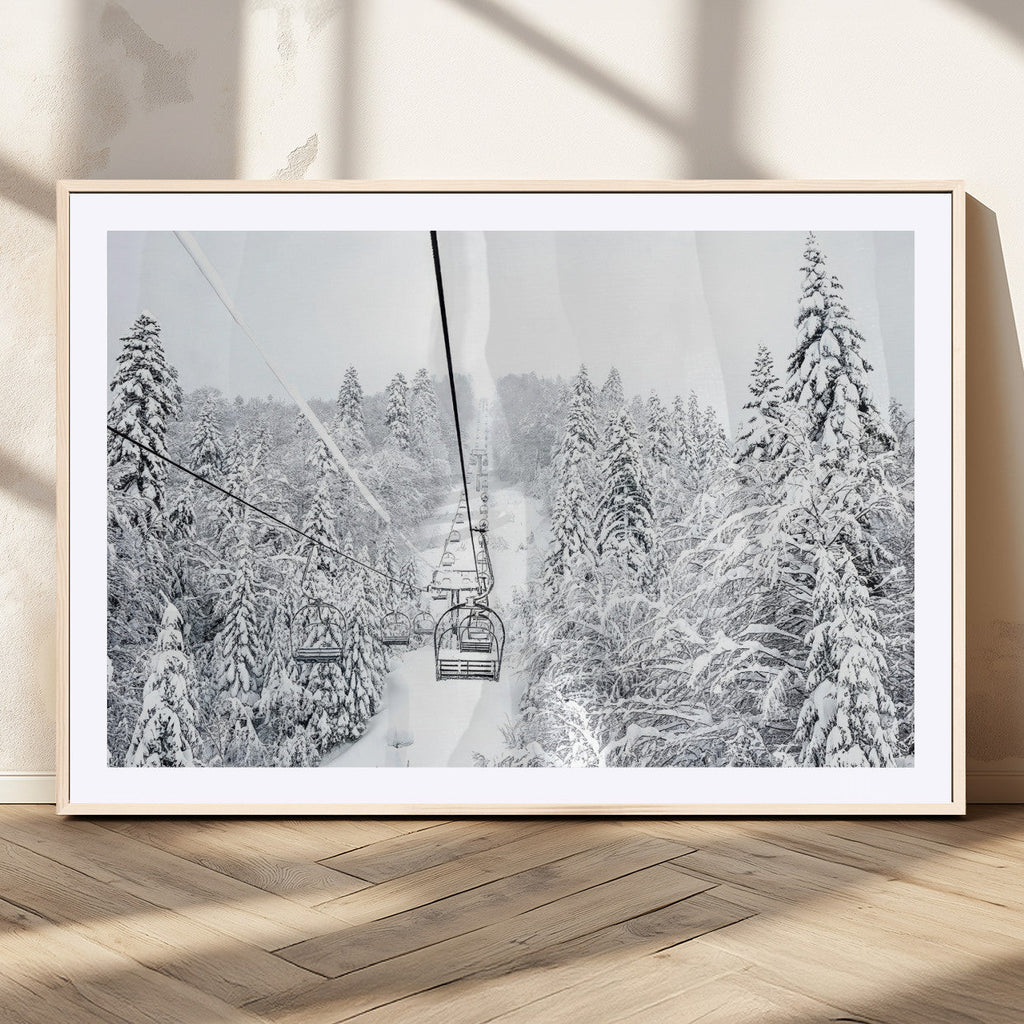 Snowy Ski Lift Wall Art | Framed Winter Mountain Canvas
