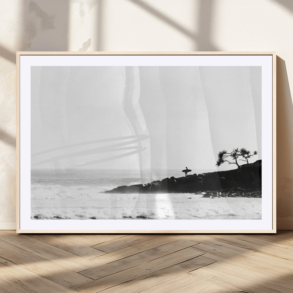 Surfer Cliffs Wall Art Canvas Print, Framed Black White Beach and Ocean Waves