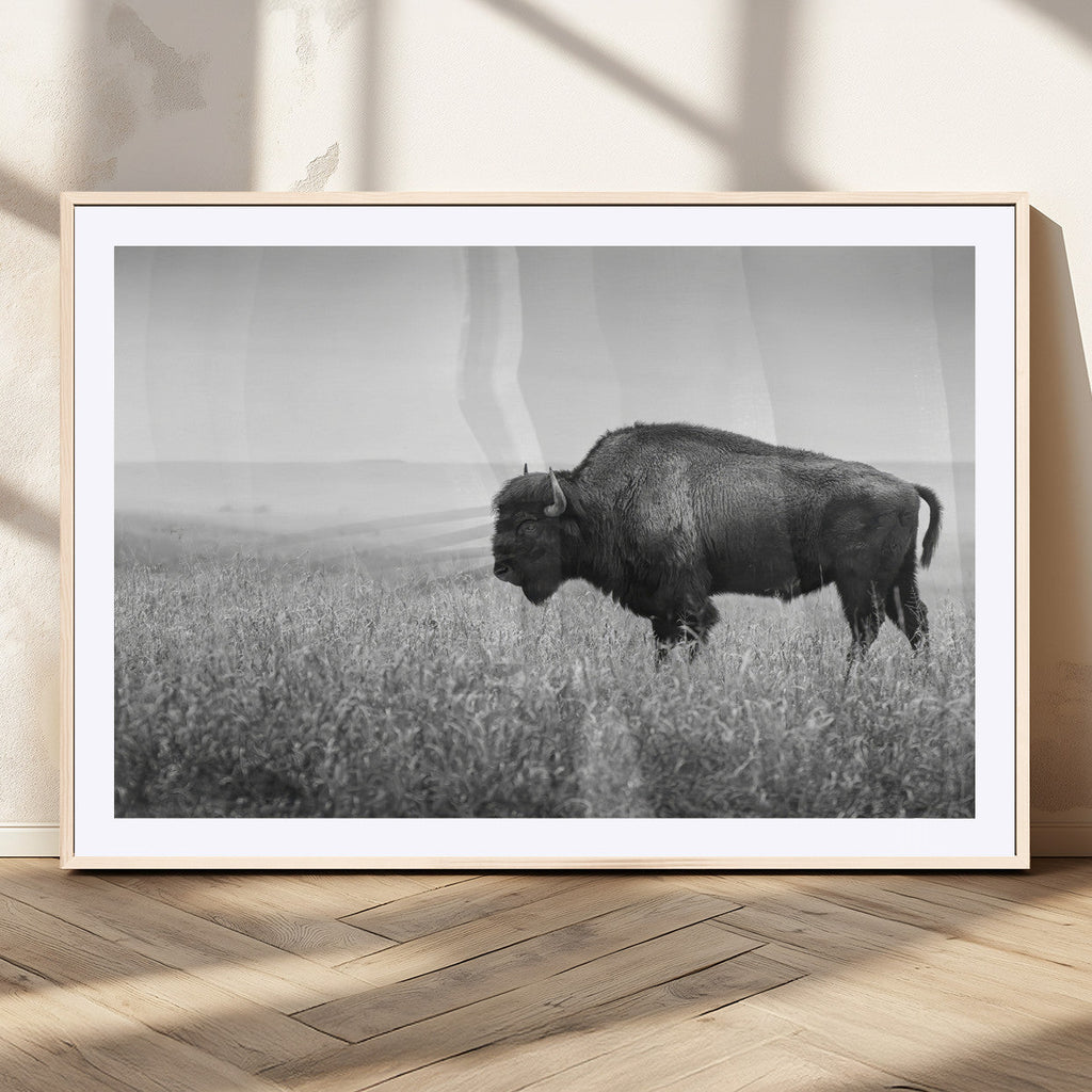 Bison Wall Art Canvas Print, Framed Rustic Wildlife Scene with Wild Buffalo