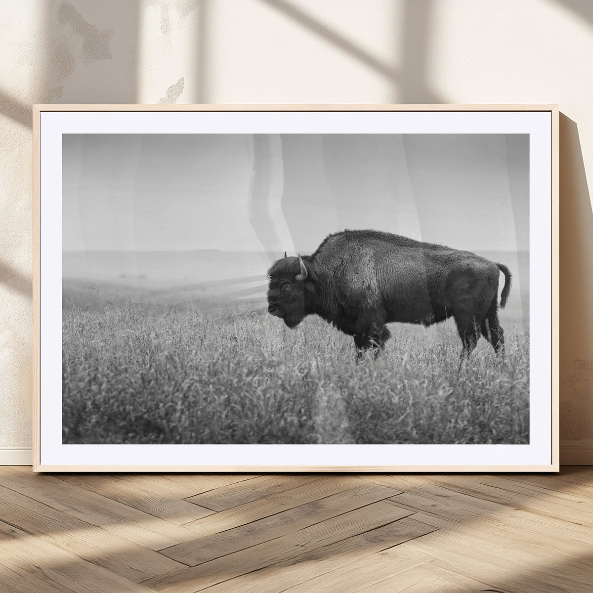 Bison Wall Art Canvas Print, Framed Rustic Wildlife Scene with Wild Buffalo