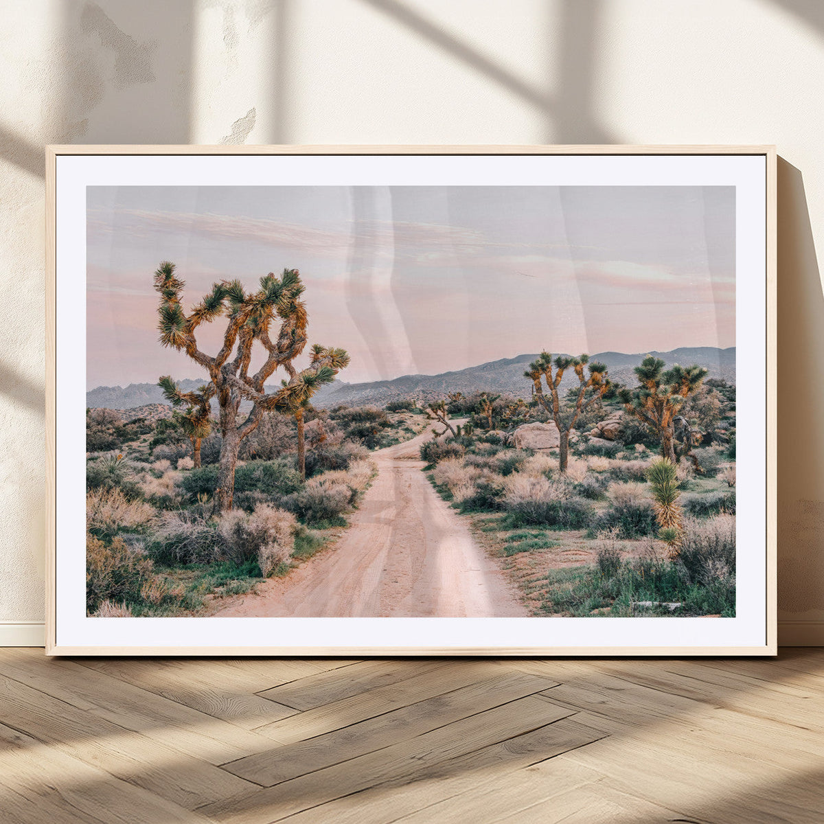 Joshua Tree Wall Art Canvas Print, Framed Desert Road Scene at Sunset