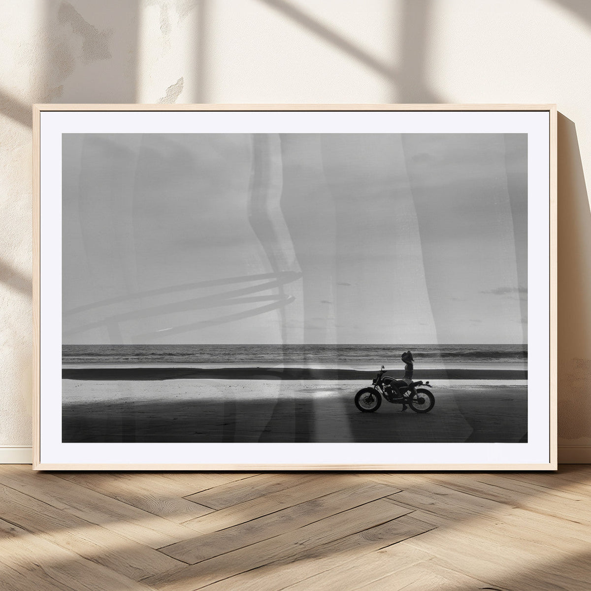 Motorcycle Beach Wall Art Canvas Print, Framed Vintage Biker Silhouette Artwork