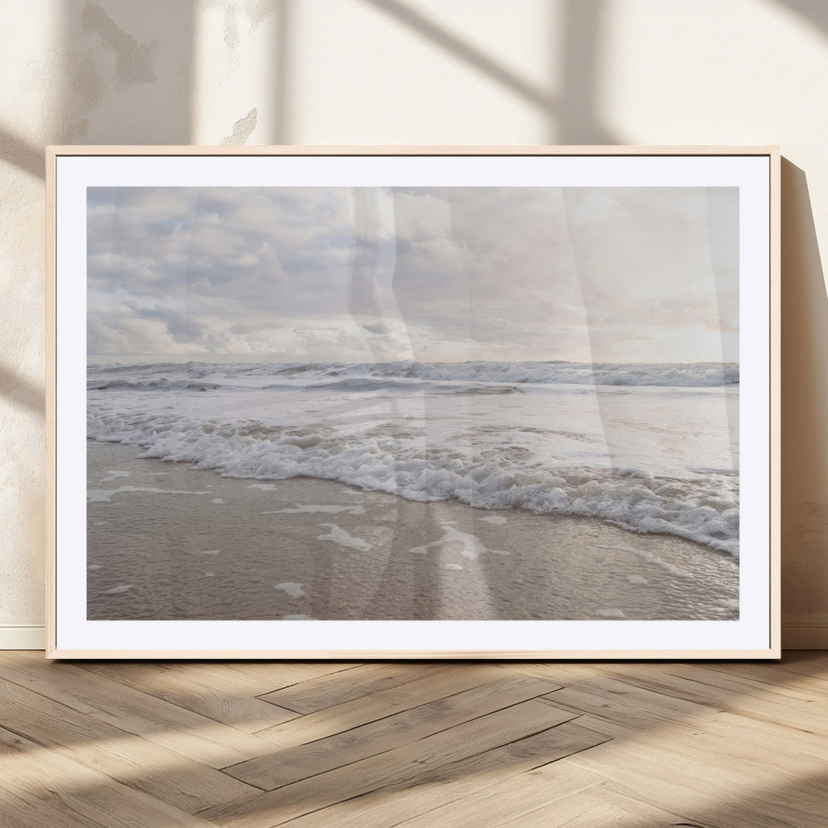Ocean Waves Wall Art Canvas Print, Framed Coastal Shoreline Sea Foam Artwork