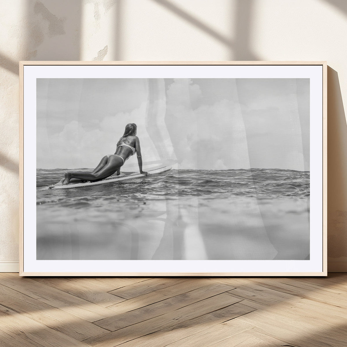 Black and White Surfing Wall Art Canvas Print, Framed Ocean Horizon Surfer Girl