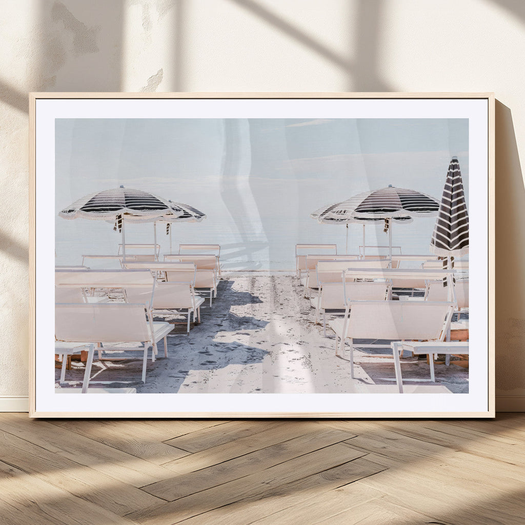 Minimalist Beach Wall Art Canvas Print, Framed Pastel Sand and Striped Umbrella Artwork