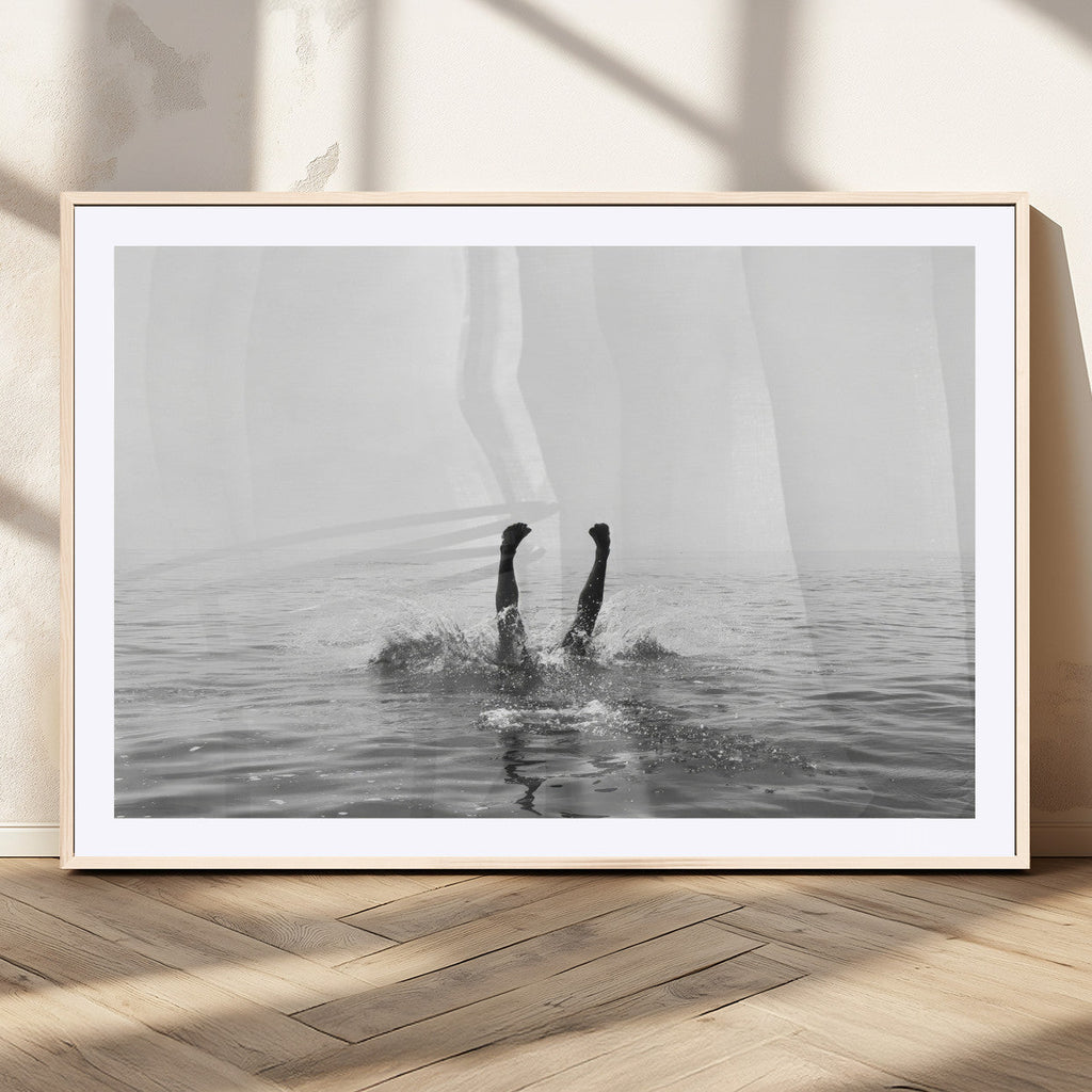 Black White Ocean Wall Art Canvas Print, Framed Monochrome Diving into Water Artwork