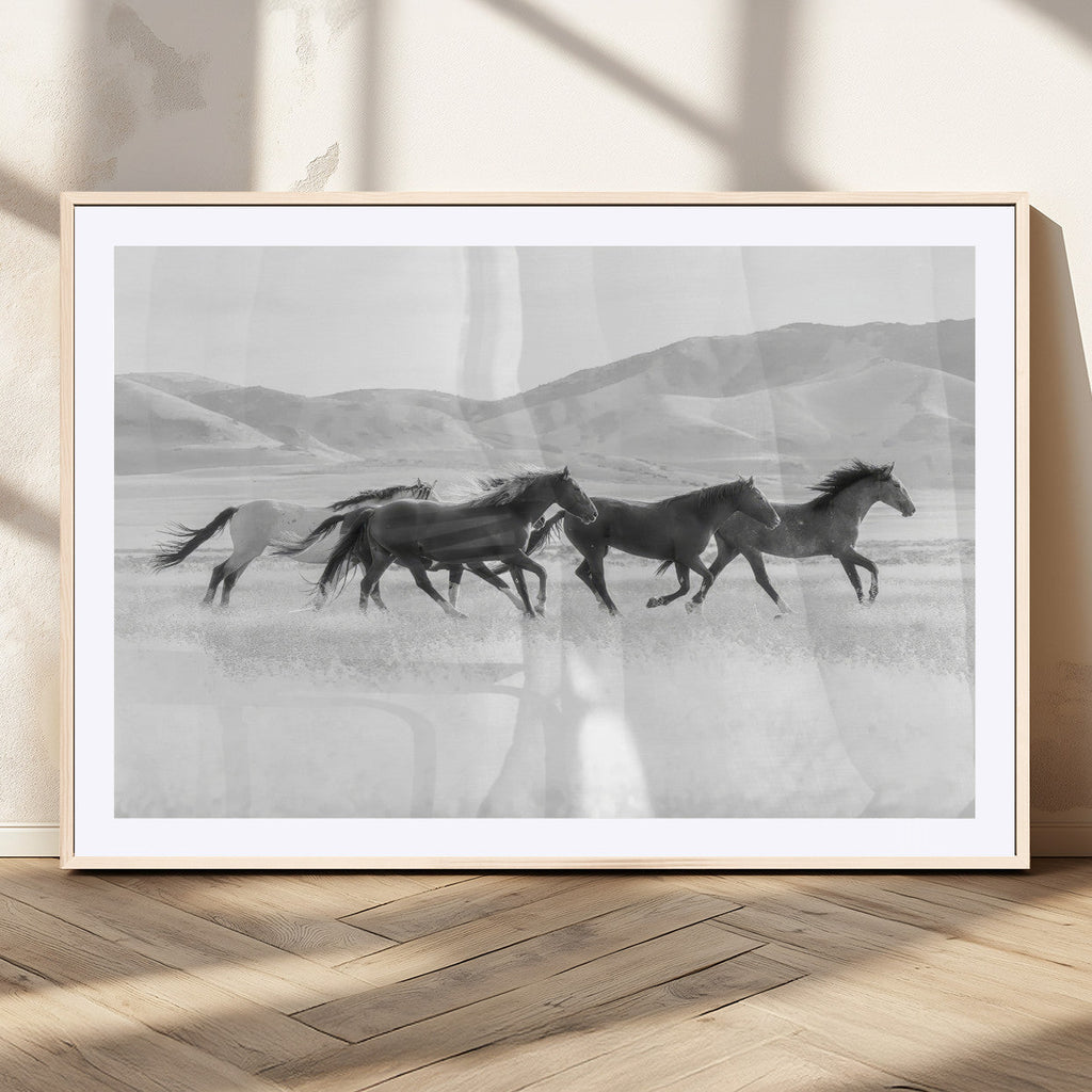 Wild Horses Running Wall Art Canvas Print, Framed Black White Mustangs Artwork