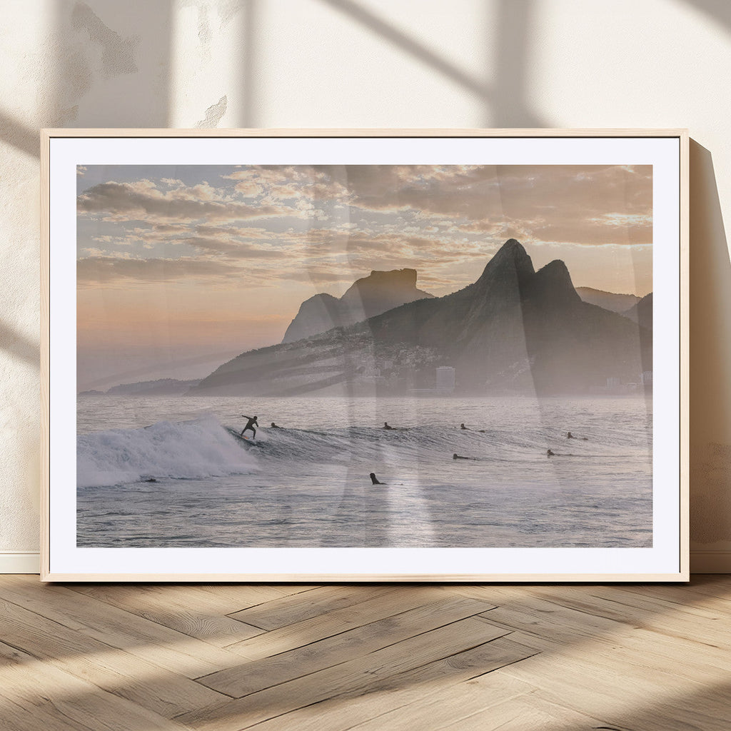 Sunset Surfing Wall Art Canvas Print, Framed Misty Mountains and Surfer Riding a Wave