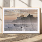 Sunset Surfing Wall Art Canvas Print, Framed Misty Mountains and Surfer Riding a Wave