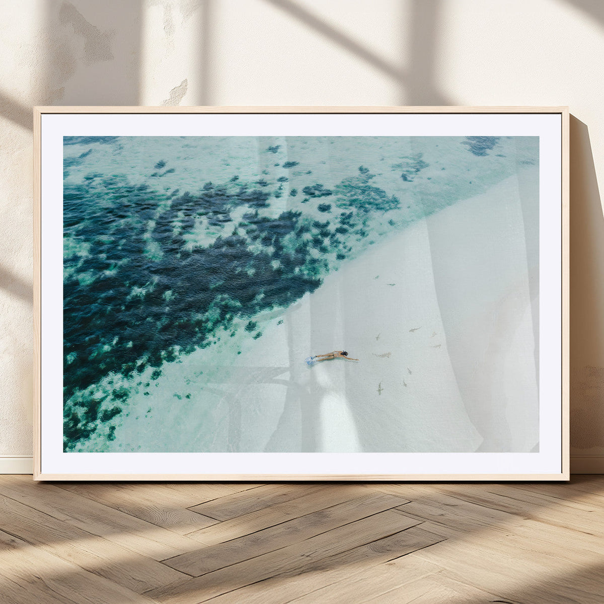 Minimal Beach Wall Art Canvas Print, Framed Ocean Swimming Art, Clear Ocean Decor