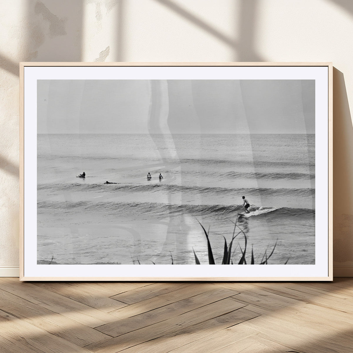 Surfer Silhouette Wall Art, Framed Calm Ocean Monochrome Surf Canvas Print