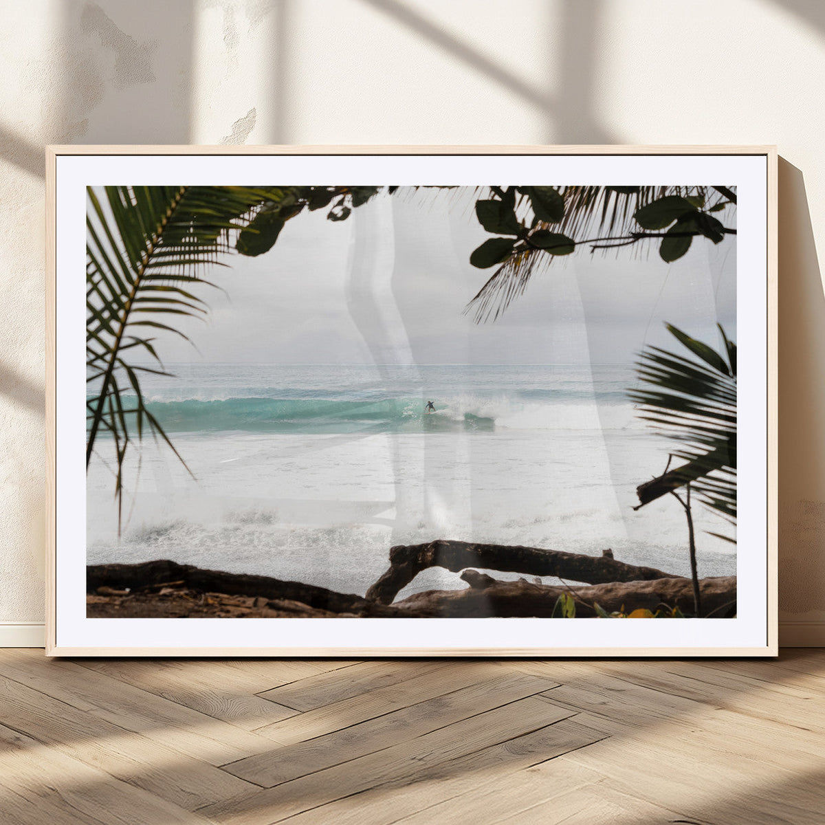 Tropical Surf Wall Art Canvas Print, Framed Palm Tree View Art, Boho Beach House Decor